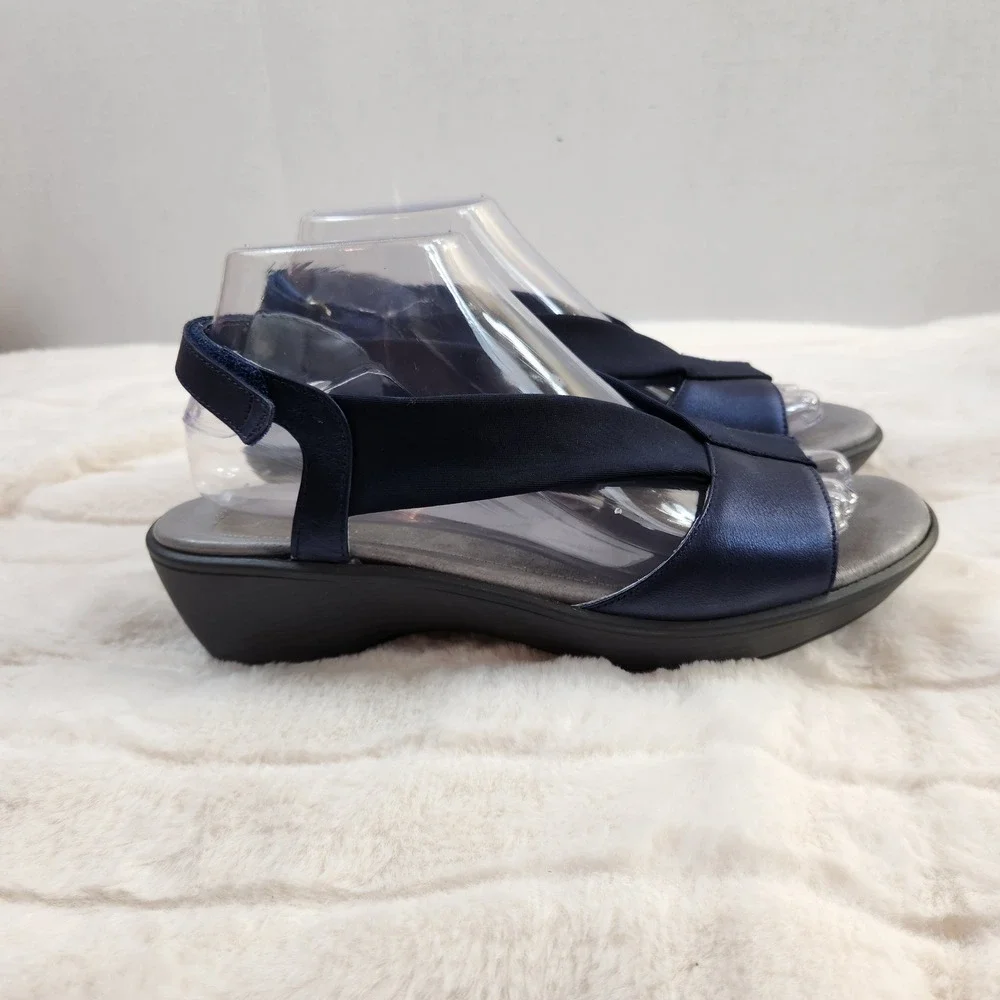 Naot Muscat Metallic Navy Leather Wedge Sandals Womens 39 Elastic‎ Straps 8-8.5